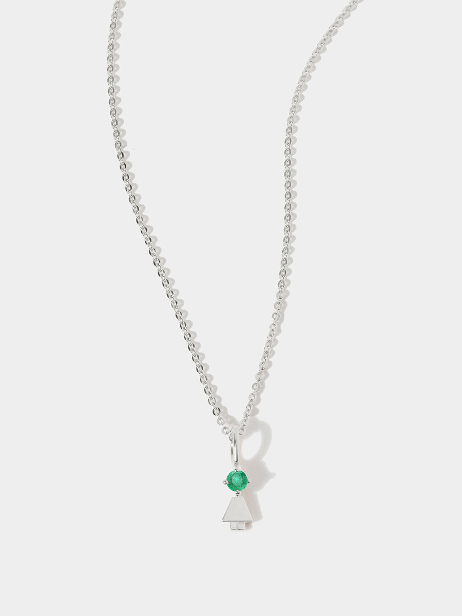 14k White Gold Girl Necklace or Charm with Emerald Gemstone - May Birthstone | Precious People