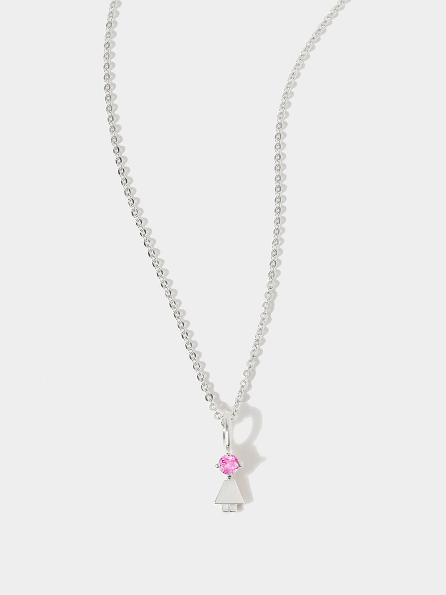 14k White Gold Girl Necklace or Charm with Pink Tourmaline Gemstone - October Birthstone | Precious People