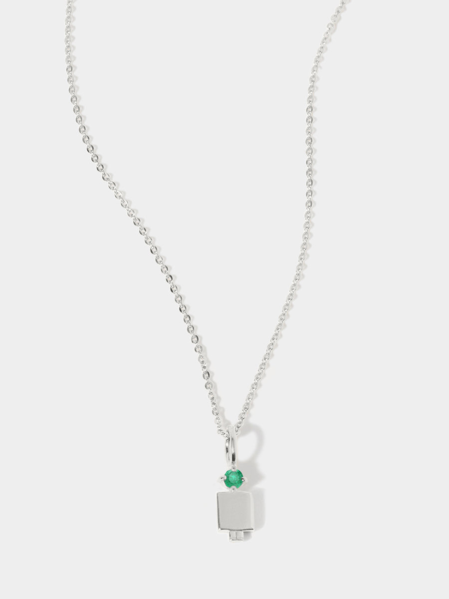 14k White Gold Man Necklace or Charm with Emerald Gemstone - May Birthstone | Precious People